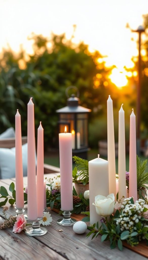 Elegant and modern styled candles arranged in a cozy outdoor summer setting. In the foreground, several tall, slim candles in soft pastel colors such as blush pink, light lavender, and creamy white are placed on a rustic wooden table adorned with fresh flowers and eco-friendly decorations. The middle ground features a softly glowing lantern and a few lush green plants to evoke a natural ambiance. In the background, a picturesque sunset casts warm golden light, enhancing the inviting atmosphere. Use a shallow depth of field to blur the background slightly, focusing on the candles. The overall mood is serene and inspiring, capturing a Pinterest-worthy DIY aesthetic. This image represents KlickKiste's approach to summer ambiance through modern, natural, and Boho-inspired elements.