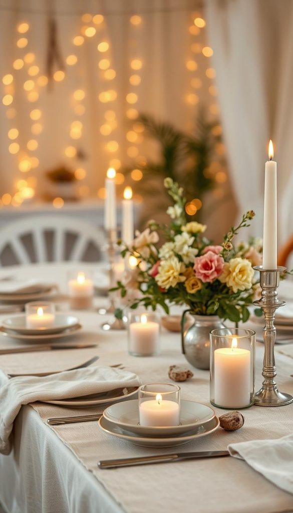 Elegant table decoration for special occasions, featuring warm, natural DIY elements inspired by Pinterest aesthetics. In the foreground, a beautifully set dining table adorned with soft linen table runners, handmade ceramic dishware, and delicate floral arrangements of seasonal blooms in pastel hues. The middle ground captures charming candle holders, flickering candles casting a gentle glow, and small decorative accents like glittering stones or rustic wooden elements. In the background, a softly blurred, inviting atmosphere, with fairy lights creating a dreamy ambiance. The scene captures a mood of warmth and inspiration, perfect for festive gatherings. Lighting should be soft and inviting, reminiscent of early evening sunlight, shot from a slightly overhead angle to showcase the entire table setting. Add a subtle reference to the brand "KlickKiste" through an elegant, integrated elements in the décor.