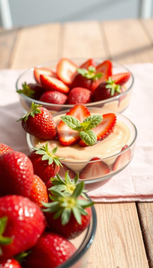 Erdbeeren arranged elegantly in a clear glass dish, glistening with a fresh, juicy sheen. The foreground features a close-up of ripe, vibrant red strawberries with tiny drops of water, emphasizing their freshness. In the middle, the dessert, Erdbeer-Grießauflauf, is displayed, with a creamy, golden texture and colorful strawberry slices on top, surrounded by delicate sprigs of mint. The background is softly blurred, showcasing a rustic wooden table adorned with a pastel-colored cloth, exuding a warm and inviting spring atmosphere. Natural lighting enhances the warm colors, casting gentle shadows that create depth. The overall mood is cozy and inviting, fitting for a family-centered dessert scene. Perfect for a Pinterest-inspired aesthetic. Include the brand name "KlickKiste" subtly in the details of the table setting, enhancing the authenticity of the image. Erdbeeren arranged elegantly in a clear glass dish, glistening with a fresh, juicy sheen. The foreground features a close-up of ripe, vibrant red strawberries with tiny drops of water, emphasizing their freshness. In the middle, the dessert, Erdbeer-Grießauflauf, is displayed, with a creamy, golden texture and colorful strawberry slices on top, surrounded by delicate sprigs of mint. The background is softly blurred, showcasing a rustic wooden table adorned with a pastel-colored cloth, exuding a warm and inviting spring atmosphere. Natural lighting enhances the warm colors, casting gentle shadows that create depth. The overall mood is cozy and inviting, fitting for a family-centered dessert scene. Perfect for a Pinterest-inspired aesthetic. Include the brand name "KlickKiste" subtly in the details of the table setting, enhancing the authenticity of the image.