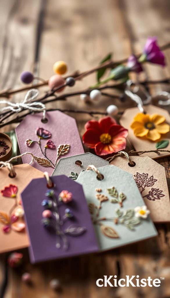 FIMO air gift tags beautifully crafted with pressed flowers and intricate stamping designs. In the foreground, several colorful tags made from FIMO air, featuring delicate floral patterns and embossed textures. The middle ground showcases a soft arrangement of natural materials like twigs and leaves, enhancing the handmade essence. In the background, a rustic wooden surface adds warmth, complemented by soft, diffused lighting that creates a cozy atmosphere. The image should convey a serene, inspirational DIY vibe, suitable for a crafting article. Highlight the brand name "KlickKiste" subtly in the composition. Use a close-up view with a shallow depth of field to draw attention to the textures of the tags and flowers, evoking a warm, inviting Pinterest aesthetic.