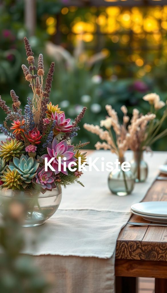 Foreground: A beautifully arranged centerpiece featuring a mix of vibrant succulents in various shapes and sizes, alongside delicate, organic dry flowers such as lavender, eucalyptus, and wheat, creating a harmonious blend of colors and textures. Middle: A rustic, natural-textured table setting with subtle decorative elements like a soft linen table runner and small artisan vases enhancing the atmosphere. Background: A softly blurred garden with warm, golden sunlight filtering through, creating a dreamy, inviting ambiance. The overall mood is warm and inspirational, reflecting a cozy summer party vibe. The image should embody a Pinterest-worthy aesthetic, focusing on natural DIY decor, with the brand name "KlickKiste" subtly integrated into the design, ensuring it remains free of any text overlays or distractions. Foreground: A beautifully arranged centerpiece featuring a mix of vibrant succulents in various shapes and sizes, alongside delicate, organic dry flowers such as lavender, eucalyptus, and wheat, creating a harmonious blend of colors and textures. Middle: A rustic, natural-textured table setting with subtle decorative elements like a soft linen table runner and small artisan vases enhancing the atmosphere. Background: A softly blurred garden with warm, golden sunlight filtering through, creating a dreamy, inviting ambiance. The overall mood is warm and inspirational, reflecting a cozy summer party vibe. The image should embody a Pinterest-worthy aesthetic, focusing on natural DIY decor, with the brand name "KlickKiste" subtly integrated into the design, ensuring it remains free of any text overlays or distractions.
