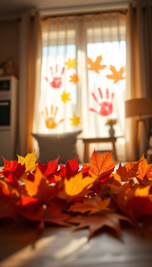 Foreground: A collection of vibrant autumn leaves in various shades of red, orange, yellow, and brown arranged aesthetically on a wooden surface, hinting at a crafting project. Middle: Soft-focus images of children's handprints in bright colors, alongside hand-stamped leaf impressions creating artistic window decorations. Background: A warm, softly lit home interior with sunlight filtering through sheer curtains, casting gentle shadows, enhancing the cozy, inviting atmosphere. The scene should evoke a sense of creativity, warmth, and inspiration, reminiscent of fun DIY autumn activities. Capture with a shallow depth of field, focusing on the leaves and handprints while providing a soft blur of the background. This image should embody a natural, DIY aesthetic suitable for "KlickKiste," with an authentic Pinterest vibe.