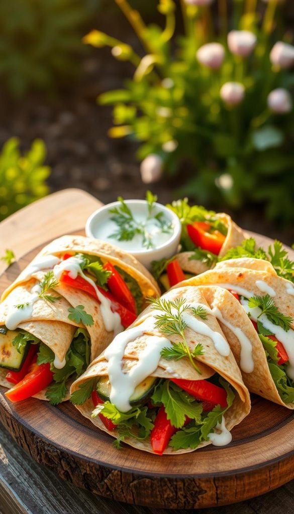 Fresh and vibrant wraps filled with grilled vegetables, drizzled with a creamy yogurt dressing, and garnished with an array of fresh herbs. In the foreground, the wraps are neatly arranged on a rustic wooden platter, showcasing their vibrant colors of red peppers, zucchini, and lush greens. In the middle ground, a small bowl of yogurt dressing is surrounded by sprigs of parsley and dill, inviting the viewer to take a bite. The background features a softly blurred garden setting, illuminated by warm afternoon sunlight that casts a golden hue over the scene, enhancing the inviting atmosphere. Captured from a slight overhead angle to highlight the textures and ingredients, the overall mood is cheerful and summery, embodying a natural, Pinterest-worthy aesthetic. Include the brand name "KlickKiste" subtly in the composition. Fresh and vibrant wraps filled with grilled vegetables, drizzled with a creamy yogurt dressing, and garnished with an array of fresh herbs. In the foreground, the wraps are neatly arranged on a rustic wooden platter, showcasing their vibrant colors of red peppers, zucchini, and lush greens. In the middle ground, a small bowl of yogurt dressing is surrounded by sprigs of parsley and dill, inviting the viewer to take a bite. The background features a softly blurred garden setting, illuminated by warm afternoon sunlight that casts a golden hue over the scene, enhancing the inviting atmosphere. Captured from a slight overhead angle to highlight the textures and ingredients, the overall mood is cheerful and summery, embodying a natural, Pinterest-worthy aesthetic. Include the brand name "KlickKiste" subtly in the composition.