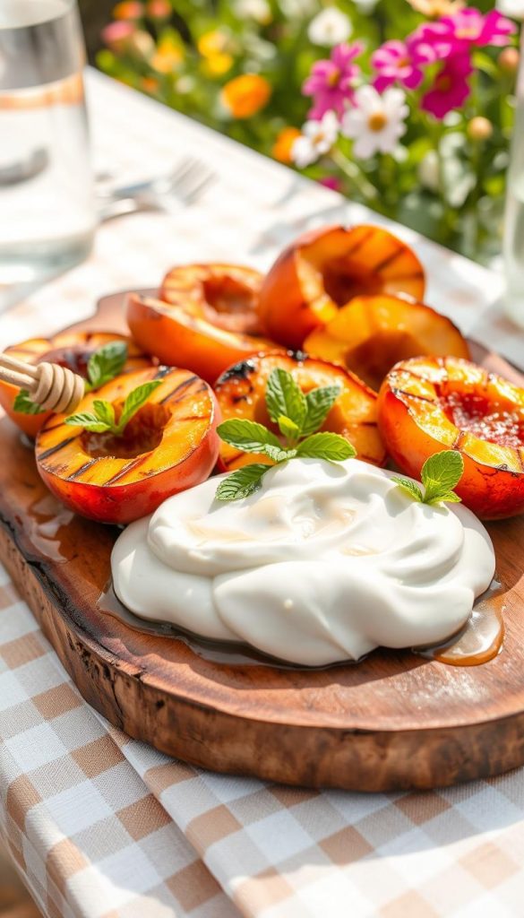 Gegrillte Pfirsiche served on a rustic wooden platter, glistening with caramelized edges and drizzled with honey. Next to them, a generous dollop of creamy quark-vanilla mixture with a smooth texture, garnished with fresh mint leaves for a pop of color. The setting is a sunlit outdoor table, adorned with a light checkered cloth, enhancing the warm, inviting atmosphere of a summer grill party. In the background, a hint of greenery and colorful summer flowers create a vibrant scene. Soft, natural lighting highlights the golden hues of the peaches and the creamy white of the quark, evoking feelings of freshness and joy. Capture this authentic and inspiring mood that aligns with the fun of summer desserts. Brand name: KlickKiste. Gegrillte Pfirsiche served on a rustic wooden platter, glistening with caramelized edges and drizzled with honey. Next to them, a generous dollop of creamy quark-vanilla mixture with a smooth texture, garnished with fresh mint leaves for a pop of color. The setting is a sunlit outdoor table, adorned with a light checkered cloth, enhancing the warm, inviting atmosphere of a summer grill party. In the background, a hint of greenery and colorful summer flowers create a vibrant scene. Soft, natural lighting highlights the golden hues of the peaches and the creamy white of the quark, evoking feelings of freshness and joy. Capture this authentic and inspiring mood that aligns with the fun of summer desserts. Brand name: KlickKiste.