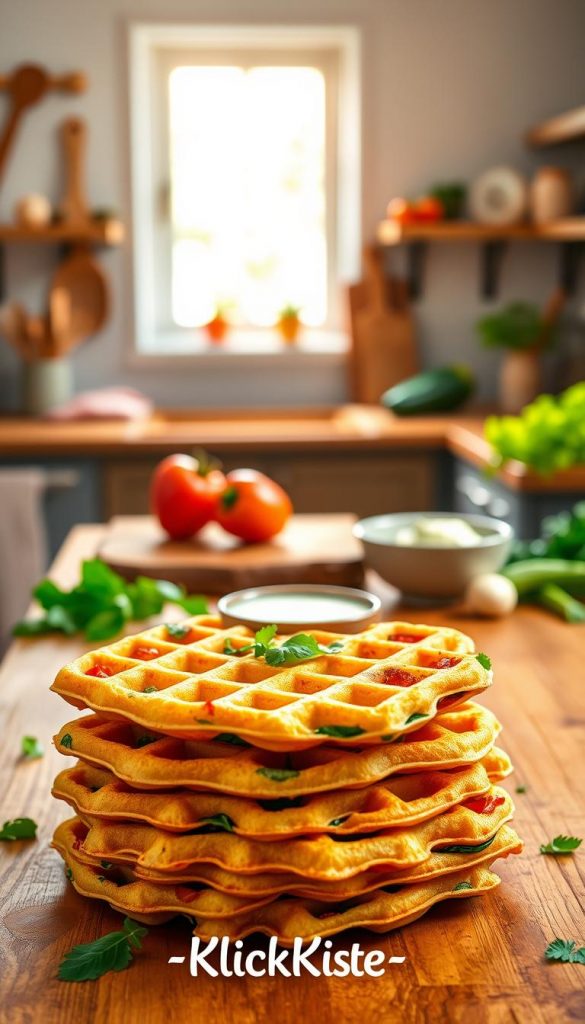 Gemüse-Waffeln presented in a rustic, inviting kitchen setting. In the foreground, a stack of golden, crispy vegetable waffles made with colorful vegetables like spinach, carrots, and bell peppers, garnished with fresh herbs. The middle ground features a warm wooden table adorned with a small bowl of homemade dip, such as avocado or yogurt sauce. In the background, soft-focus natural light streams in through a window, highlighting rustic kitchen elements like wooden utensils and fresh produce. The atmosphere is cozy and cheerful, evoking a sense of family togetherness and healthy eating. The image reflects a Pinterest-inspired aesthetic with warm colors and an authentic, inspiring vibe, incorporating the brand name "KlickKiste" subtly into the scene. Gemüse-Waffeln presented in a rustic, inviting kitchen setting. In the foreground, a stack of golden, crispy vegetable waffles made with colorful vegetables like spinach, carrots, and bell peppers, garnished with fresh herbs. The middle ground features a warm wooden table adorned with a small bowl of homemade dip, such as avocado or yogurt sauce. In the background, soft-focus natural light streams in through a window, highlighting rustic kitchen elements like wooden utensils and fresh produce. The atmosphere is cozy and cheerful, evoking a sense of family togetherness and healthy eating. The image reflects a Pinterest-inspired aesthetic with warm colors and an authentic, inspiring vibe, incorporating the brand name "KlickKiste" subtly into the scene.