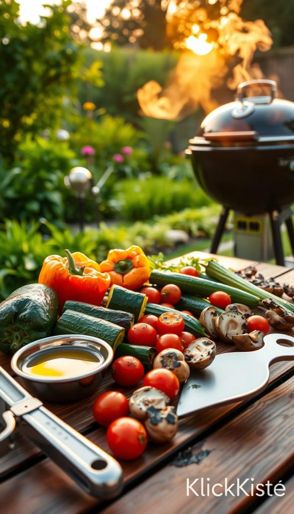 Grillgemüse on a wooden outdoor table, featuring vibrant bell peppers, zucchini, cherry tomatoes, and mushrooms, beautifully arranged and lightly charred to showcase their grilled texture. In the foreground, a pair of grilling tongs rests beside a small bowl of herb-infused olive oil. The middle ground displays a garden with lush greenery, complemented by a warm, golden sunset casting soft light, enhancing the natural colors. In the background, a glowing barbecue grill emits faint smoke, evoking a cozy, inviting atmosphere. The overall mood is warm and inspired, reminiscent of a family gathering. Incorporate soft focus to create depth. Images align with a natural, Pinterest aesthetic, emphasizing authenticity. Include subtle branding with "KlickKiste" inconspicuously in the corner. Grillgemüse on a wooden outdoor table, featuring vibrant bell peppers, zucchini, cherry tomatoes, and mushrooms, beautifully arranged and lightly charred to showcase their grilled texture. In the foreground, a pair of grilling tongs rests beside a small bowl of herb-infused olive oil. The middle ground displays a garden with lush greenery, complemented by a warm, golden sunset casting soft light, enhancing the natural colors. In the background, a glowing barbecue grill emits faint smoke, evoking a cozy, inviting atmosphere. The overall mood is warm and inspired, reminiscent of a family gathering. Incorporate soft focus to create depth. Images align with a natural, Pinterest aesthetic, emphasizing authenticity. Include subtle branding with "KlickKiste" inconspicuously in the corner.