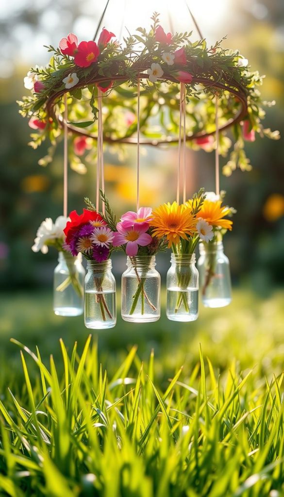 Hanging mini vases filled with vibrant summer flowers, delicately suspended from a rustic herbal crown or a circular wire frame. The vases are crafted from clear glass, showcasing their colorful contents with reflections of sunlight. In the foreground, lush green grass covers the ground, with soft sunlight casting a gentle glow, creating a warm and inviting atmosphere. The middle ground features the intricately designed crown adorned with fresh herbs and flowers, blending harmoniously with the mini vases. In the background, a soft-focus view of a sunny outdoor garden presents a dreamy, Pinterest-inspired setting. Emphasize natural, warm colors, evoking an authentic and inspiring vibe synonymous with KlikKiste. Aim for a bright and cheerful mood, reminiscent of a delightful summer party. Hanging mini vases filled with vibrant summer flowers, delicately suspended from a rustic herbal crown or a circular wire frame. The vases are crafted from clear glass, showcasing their colorful contents with reflections of sunlight. In the foreground, lush green grass covers the ground, with soft sunlight casting a gentle glow, creating a warm and inviting atmosphere. The middle ground features the intricately designed crown adorned with fresh herbs and flowers, blending harmoniously with the mini vases. In the background, a soft-focus view of a sunny outdoor garden presents a dreamy, Pinterest-inspired setting. Emphasize natural, warm colors, evoking an authentic and inspiring vibe synonymous with KlikKiste. Aim for a bright and cheerful mood, reminiscent of a delightful summer party.