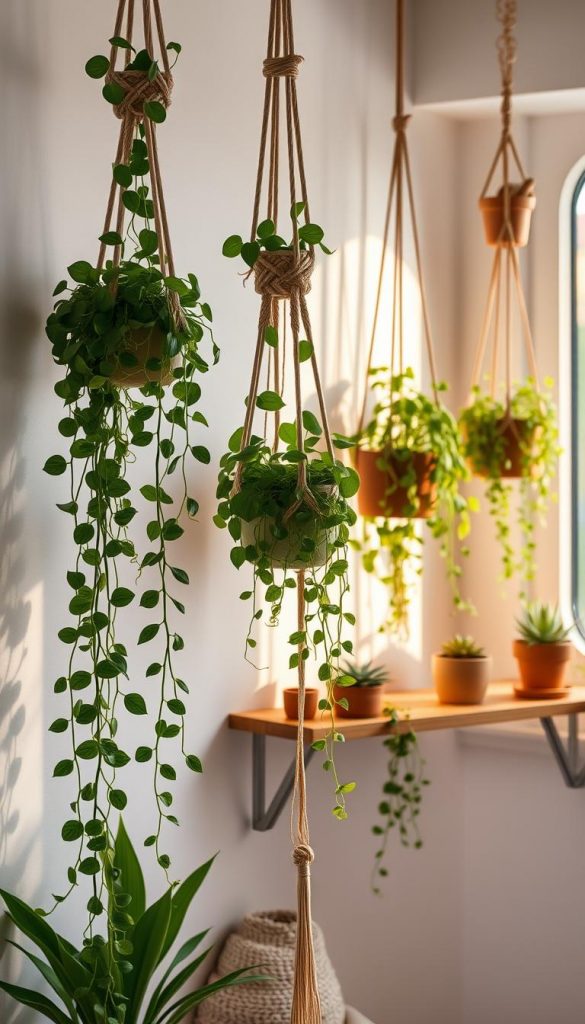 Hanging plants elegantly displayed in a cozy, small living space, showcasing an inviting atmosphere. In the foreground, a variety of lush, green trailing plants like pothos and string of pearls dangle from decorative macramé hangers, casting soft shadows on a white wall. The middle ground features a stylish wooden shelf adorned with terracotta pots and small succulents, adding charm and personality. In the background, a window allows soft, warm sunlight to filter in, enhancing the natural colors and textures of the scene. The overall mood is serene and inspiring, reflecting a Pinterest aesthetic for small apartments. Emphasize a natural DIY style with warm colors, reminiscent of the brand "KlickKiste".
