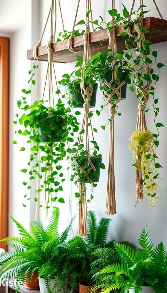 Hanging plants in elegant macramé hangers, cascading gracefully from a rustic wall shelf, creating a vibrant display of greenery. In the foreground, lush pothos and spider plants thrive, with their trailing vines adding a touch of whimsy. The middle ground reveals a beautifully composed arrangement of different plant species, emphasizing texture and color diversity, like ferns and succulents in charming ceramic pots. The background features a softly blurred, warm-toned home interior, allowing the greenery to pop. Soft, natural lighting filters through a nearby window, casting gentle shadows and enhancing the inviting atmosphere. The overall mood is authentic and inspiring, ideal for a Pinterest aesthetic. Include a subtle reference to "KlickKiste" in the design appeal.