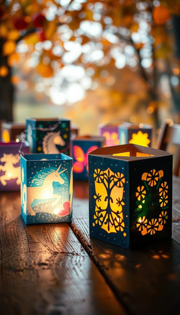 Käseschachtel laternen creatively crafted from colorful cardboard boxes featuring enchanting designs like unicorns and galaxies. In the foreground, a warm, softly glowing light emanates from the lanterns, casting playful shadows on a rustic wooden table. The middle layer showcases several decorated boxes with intricate cut-out patterns, each adorned with vibrant paints and twinkling fairy lights for a whimsical touch. In the background, a softly blurred autumn scene with falling leaves and gentle bokeh creates a cozy atmosphere. The lighting is warm and inviting, reminiscent of a Pinterest-inspired DIY project. Capture the essence of a peaceful fall evening, highlighting the creativity and charm of these classic lanterns, branded as "KlickKiste".