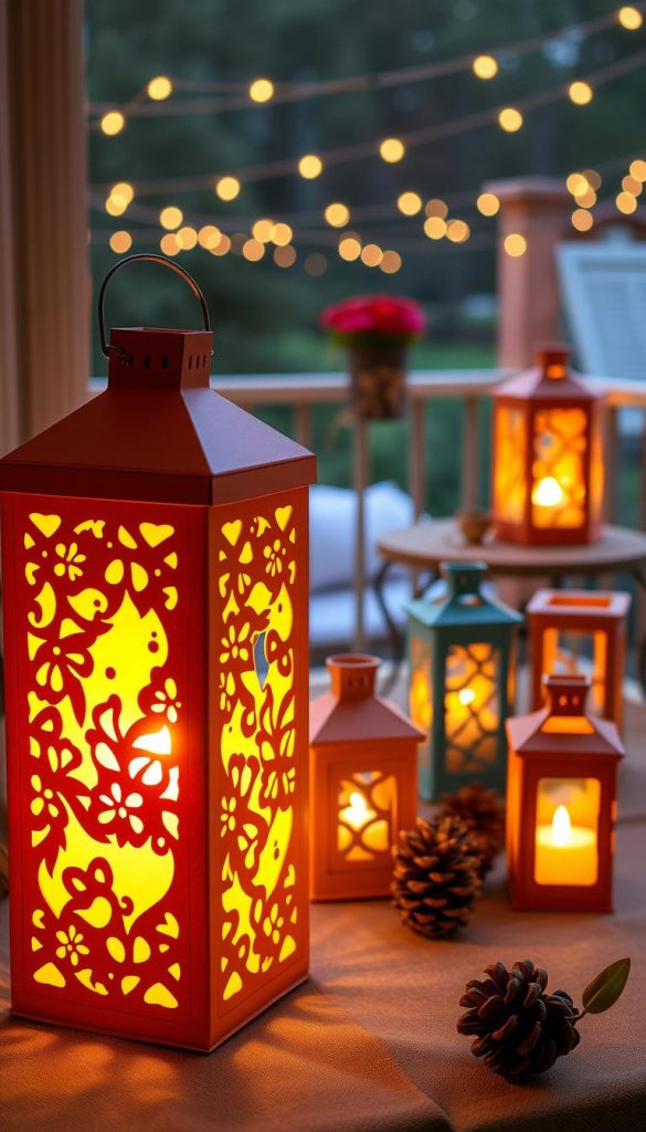 KlickKiste presents a beautifully crafted Käseschachtel laternen, showcasing a modern interpretation of the classic cheese box lantern. In the foreground, the lantern is adorned with warm, inviting colors and intricate cut-out patterns, casting playful shadows. It's illuminated from within by a soft, flickering candle, creating a cozy atmosphere. In the middle ground, there are additional DIY lanterns in varying sizes and colors, surrounded by rustic decorations like pinecones and leaves, all set on a charming balcony. The background features a softly blurred terrace with fairy lights strung above, enhancing the enchanting ambiance. The overall mood is warm and inviting, perfect for an evening gathering. The scene is bathed in a gentle golden hour light, with a focus on natural elements and a Pinterest-inspired aesthetic.