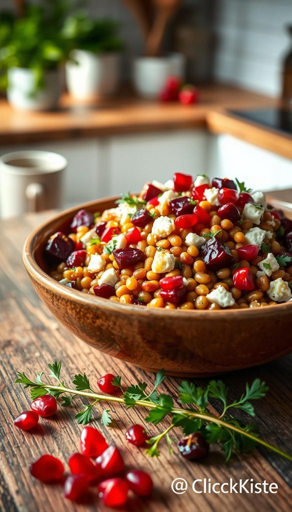 Linsensalat with vibrant colors and fresh ingredients, featuring cooked lentils, crumbled feta cheese, and roasted beetroot cubes, scattered with jewel-like pomegranate seeds. The salad is artfully arranged in a rustic ceramic bowl placed atop a textured wooden table. In the foreground, delicate sprigs of fresh parsley are scattered for garnish. Soft, natural lighting casts a warm glow over the scene, enhancing the earthy tones of the lentils and the vivid reds of the beets. In the background, hints of greenery and soft-focus kitchen elements create a cozy atmosphere, perfect for summer. The overall mood is authentic and inspiring, reflecting a Pinterest-worthy aesthetic. Logo "KlickKiste" is subtly integrated into the setting, ensuring a refined presentation without disrupting the visual harmony. Linsensalat with vibrant colors and fresh ingredients, featuring cooked lentils, crumbled feta cheese, and roasted beetroot cubes, scattered with jewel-like pomegranate seeds. The salad is artfully arranged in a rustic ceramic bowl placed atop a textured wooden table. In the foreground, delicate sprigs of fresh parsley are scattered for garnish. Soft, natural lighting casts a warm glow over the scene, enhancing the earthy tones of the lentils and the vivid reds of the beets. In the background, hints of greenery and soft-focus kitchen elements create a cozy atmosphere, perfect for summer. The overall mood is authentic and inspiring, reflecting a Pinterest-worthy aesthetic. Logo "KlickKiste" is subtly integrated into the setting, ensuring a refined presentation without disrupting the visual harmony.