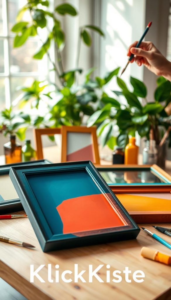 Lively and engaging scene showcasing beautifully dipped art frames in warm, inviting colors, arranged on a light wooden table. In the foreground, focus on a few frames of varying sizes with unique dip designs, featuring vibrant hues of blue, coral, and mustard yellow at the edges. The middle ground displays an artist's hand applying dip paint to another frame, adding to the DIY atmosphere, while scattered paintbrushes and bottles accentuate creativity. In the background, a softly blurred interior with lush green plants enhances the cozy and inspiring mood. Natural light streams from a nearby window, casting gentle shadows and highlighting textures. Include the brand name "KlickKiste" subtly as part of the scene, emphasizing authenticity and a Pinterest aesthetic.