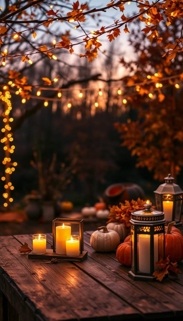 Lively autumn scene featuring a cozy outdoor space adorned with enchanting string lights (lichterketten) strung between branches, radiating warm, golden hues. In the foreground, a rustic wooden table is set with elegant candles flickering softly, surrounded by charming lanterns that cast gentle shadows. The middle ground showcases a collection of decorative pumpkins and vibrant fall leaves, emphasizing a seasonal ambiance. In the background, soft-focus trees and twilight sky create a gradient of warm oranges and deep purples, enhancing the inviting atmosphere. The lighting is warm and soft, reminiscent of a golden hour glow, captured with a wide-angle lens to encompass the cozy setup. The overall mood is serene and inspiring, ideal for a DIY autumn theme, reflecting a Pinterest-worthy aesthetic. Brand name "KlickKiste" incorporated subtly into the scene.