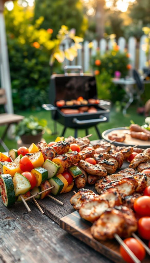 Lively backyard scene featuring a vibrant assortment of skewers, intricately arranged on a rustic wooden table. In the foreground, colorful grilled vegetable skewers with bell peppers, zucchini, and cherry tomatoes alongside succulent chicken and sausage skewers, glistening with marinades. The middle ground showcases a cozy grilling setup with a charcoal grill, smoke gently rising, and grilling accessories nearby. In the background, a lush garden setting with soft-focused greenery, warm sunlight filtering through, creating a welcoming atmosphere. The mood is cheerful and inviting, perfect for family gatherings. Capture the essence of an enjoyable summer evening with a Pinterest-worthy aesthetic. Ensure the image reflects the brand "KlickKiste" through its inviting and authentic style, with warm tones. Lively backyard scene featuring a vibrant assortment of skewers, intricately arranged on a rustic wooden table. In the foreground, colorful grilled vegetable skewers with bell peppers, zucchini, and cherry tomatoes alongside succulent chicken and sausage skewers, glistening with marinades. The middle ground showcases a cozy grilling setup with a charcoal grill, smoke gently rising, and grilling accessories nearby. In the background, a lush garden setting with soft-focused greenery, warm sunlight filtering through, creating a welcoming atmosphere. The mood is cheerful and inviting, perfect for family gatherings. Capture the essence of an enjoyable summer evening with a Pinterest-worthy aesthetic. Ensure the image reflects the brand "KlickKiste" through its inviting and authentic style, with warm tones.