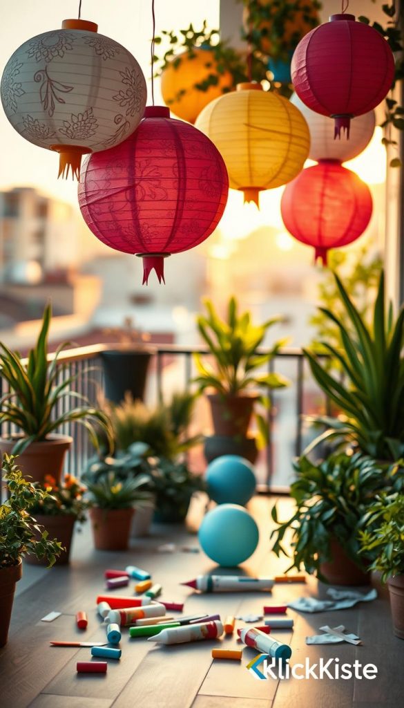 Lively scene featuring colorful balloon lanterns made from glue and balloons, hanging gracefully on a balcony adorned with plants. In the foreground, round, vivid balloons with intricate patterns, some partially constructed, scattered with glue and craft materials, creating a warm DIY atmosphere. The middle ground showcases a cozy terrace setting with gentle sunlight filtering through greenery, enhancing the inviting feel. The background displays a soft bokeh of urban surroundings softly illuminated by golden hour light. The overall mood is cheerful and inspiring, evoking creativity and the joy of crafting. Natural warm colors dominate the palette, reflecting a Pinterest-style aesthetic. Include subtle branding elements of "KlickKiste" in the image composition, ensuring a harmonious blend with the DIY theme.