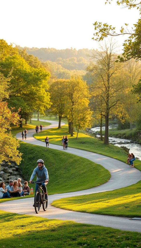 Lush park scene with a winding path perfect for cycling, set against a backdrop of vibrant green trees and gently flowing rivers. In the foreground, a cyclist in casual clothing rides happily, showcasing the joy of outdoor exploration. The middle ground features families enjoying picnics and children playing, creating a sense of community. The background displays a serene forest, bathed in warm, golden sunlight filtering through leaves, enhancing the inviting atmosphere. Capture this moment from a slightly elevated angle to convey depth, with soft focus on distant trees. Aim for natural colors and an inspiring Pinterest aesthetic, highlighting an authentic and peaceful outdoor experience. Brand name "KlickKiste" should be mentioned in the imagery.
