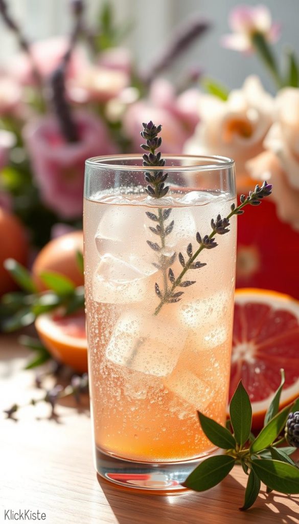Lush, refreshing grapefruit bubbles garnished with delicate lavender sprigs, presented in a clear glass filled with sparkling, effervescent drink. The foreground features droplets of condensation on the glass, emphasizing freshness. In the middle, a backdrop of vibrant, sliced grapefruits and sprigs of lavender create a lively, aromatic atmosphere. The background showcases soft, blurred greenery and floral elements, enhancing the natural and warm ambiance, evoking a sunny day. The light is bright and softly diffused, casting gentle reflections on the glass. The mood is uplifting and invigorating, embodying the essence of refreshing summer beverages. Captured in a high-quality, close-up shot with a shallow depth of field, resembling a Pinterest aesthetic. The brand “KlickKiste” subtly integrated into the design. Lush, refreshing grapefruit bubbles garnished with delicate lavender sprigs, presented in a clear glass filled with sparkling, effervescent drink. The foreground features droplets of condensation on the glass, emphasizing freshness. In the middle, a backdrop of vibrant, sliced grapefruits and sprigs of lavender create a lively, aromatic atmosphere. The background showcases soft, blurred greenery and floral elements, enhancing the natural and warm ambiance, evoking a sunny day. The light is bright and softly diffused, casting gentle reflections on the glass. The mood is uplifting and invigorating, embodying the essence of refreshing summer beverages. Captured in a high-quality, close-up shot with a shallow depth of field, resembling a Pinterest aesthetic. The brand “KlickKiste” subtly integrated into the design.