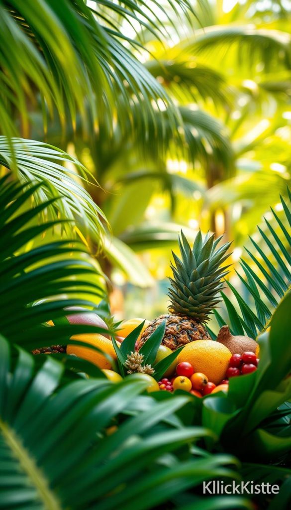 Lush tropical leaves in vibrant shades of green, featuring large palm fronds and intricate foliage, create a stunning foreground. The middle layer showcases an array of fresh, colorful fruits like pineapples, coconuts, and berries nestled amongst the greenery, evoking a summer paradise. In the background, a softly blurred tropical landscape with dappled sunlight filtering through thick foliage adds depth and atmosphere. Natural, warm lighting enhances the vivid colors, creating an inviting and cheerful scene. Use a shallow depth of field to focus on the details of the leaves and fruits, ensuring a Pinterest-inspired, authentically crafted aesthetic. This image, branded with "KlickKiste," embodies the essence of summer table decorations with tropical vibes.