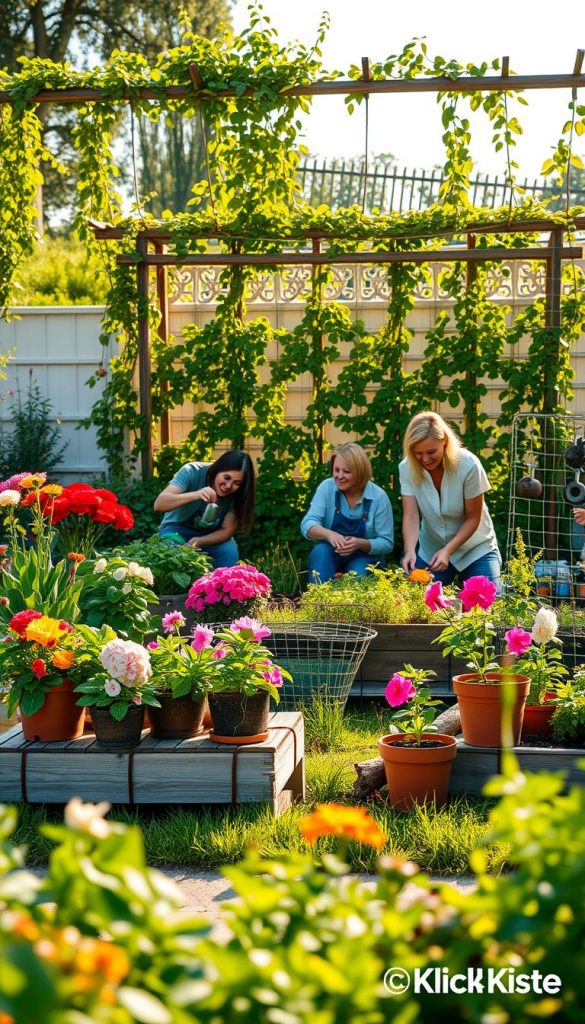 Lush, vibrant family garden scene, showcasing a variety of colorful flowers, neatly arranged vegetable patches, and cozy seating areas. In the foreground, a rustic wooden bench adorned with blooming potted plants invites relaxation. The middle ground features a cheerful family of four, dressed in modest casual clothing, engaging in gardening activities—planting seeds and watering plants, creating an atmosphere of togetherness and joy. In the background, a beautifully crafted trellis supports climbing vines, bathed in warm, golden sunlight that casts soft shadows, enhancing the inviting ambiance. This idyllic setting embodies natural DIY inspiration, reminiscent of Pinterest aesthetics, ideal for sparking ideas. The scene is branded subtly with "KlickKiste" through thoughtfully placed garden elements. Lush, vibrant family garden scene, showcasing a variety of colorful flowers, neatly arranged vegetable patches, and cozy seating areas. In the foreground, a rustic wooden bench adorned with blooming potted plants invites relaxation. The middle ground features a cheerful family of four, dressed in modest casual clothing, engaging in gardening activities—planting seeds and watering plants, creating an atmosphere of togetherness and joy. In the background, a beautifully crafted trellis supports climbing vines, bathed in warm, golden sunlight that casts soft shadows, enhancing the inviting ambiance. This idyllic setting embodies natural DIY inspiration, reminiscent of Pinterest aesthetics, ideal for sparking ideas. The scene is branded subtly with "KlickKiste" through thoughtfully placed garden elements.