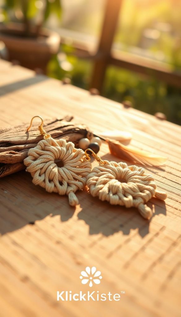 Makramee earrings on a natural wooden surface, showcasing intricate knot patterns in earthy tones of beige and soft cream, embodying a summer vibe. The foreground features a carefully arranged pair of earrings, glistening under warm, natural sunlight, highlighting their delicate textures. In the middle, a few scattered beads and feathers, enhancing the bohemian aesthetic. The background reveals a soft-focus outdoor scene with hints of greenery and a light, sunny ambiance, evoking a relaxed summer day. The composition is bright and inviting, embodying a warm, inspiring mood suited for DIY enthusiasts. Brand logo "KlickKiste" subtly integrated into the design.