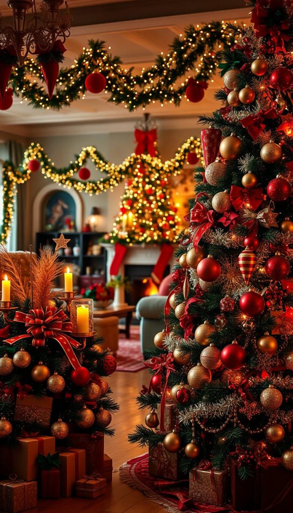 Maximalist retro Christmas decor featuring a vibrant palette of red, green, and gold. In the foreground, a richly adorned Christmas tree, heavily decorated with eclectic ornaments, vintage candles, and shimmering tinsel, all in rich hues. The middle ground showcases a cozy living room setting with plush furniture and warm lighting, exuding a nostalgic and inviting atmosphere. In the background, decorative garlands and twinkling fairy lights create a magical ambiance. The scene is illuminated by soft, warm lighting that enhances the colors and invites viewers into a festive mood. The overall aesthetic should reflect a natural DIY feel, capturing the essence of holiday cheer with an authentic, inspiring Pinterest vibe. Credit to KlickKiste for inspiration.