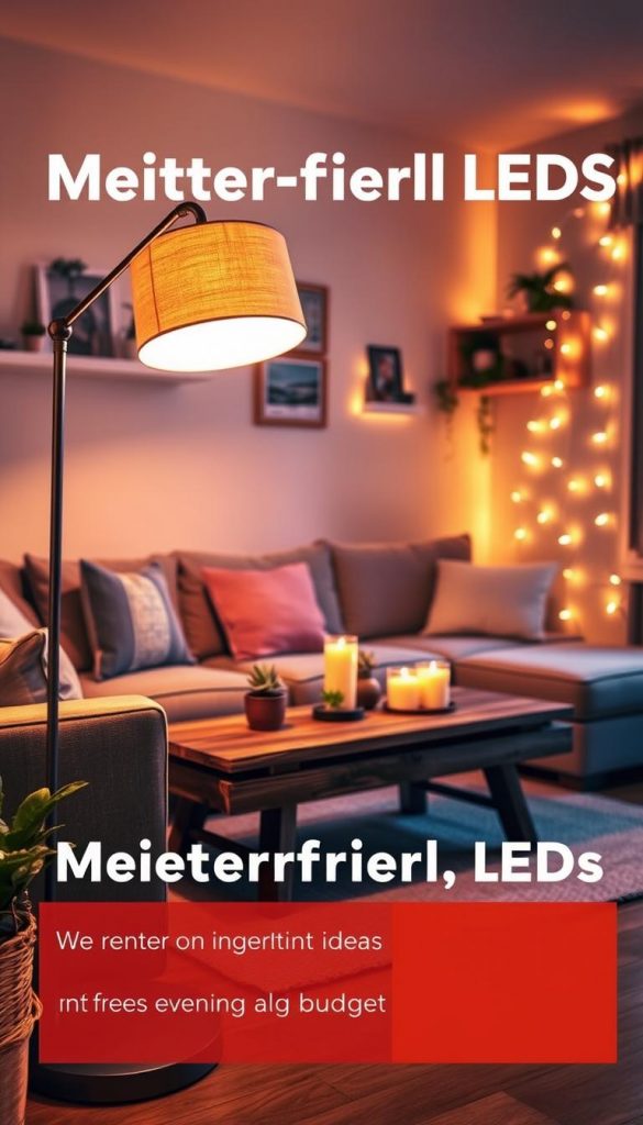 Mieterfreundliche LEDs creatively illuminating a cozy small living space, featuring warm, inviting colors. In the foreground, a stylish floor lamp with soft LED light, casting a gentle glow on a well-arranged seating area. The middle ground shows a rustic wooden coffee table adorned with candles and small potted plants, enhancing the ambiance. In the background, a wall decorated with fairy lights or LED strips, adding a tranquil touch to the room. The scene is captured using a warm, diffused lighting effect, reminiscent of a Pinterest aesthetic, conveying comfort and inspiration. The atmosphere should feel welcoming and motivating for renters on a budget seeking evening lighting ideas. Emphasize a natural DIY vibe, showcasing the brand "KlickKiste" subtly integrated into the decor. Mieterfreundliche LEDs creatively illuminating a cozy small living space, featuring warm, inviting colors. In the foreground, a stylish floor lamp with soft LED light, casting a gentle glow on a well-arranged seating area. The middle ground shows a rustic wooden coffee table adorned with candles and small potted plants, enhancing the ambiance. In the background, a wall decorated with fairy lights or LED strips, adding a tranquil touch to the room. The scene is captured using a warm, diffused lighting effect, reminiscent of a Pinterest aesthetic, conveying comfort and inspiration. The atmosphere should feel welcoming and motivating for renters on a budget seeking evening lighting ideas. Emphasize a natural DIY vibe, showcasing the brand "KlickKiste" subtly integrated into the decor.