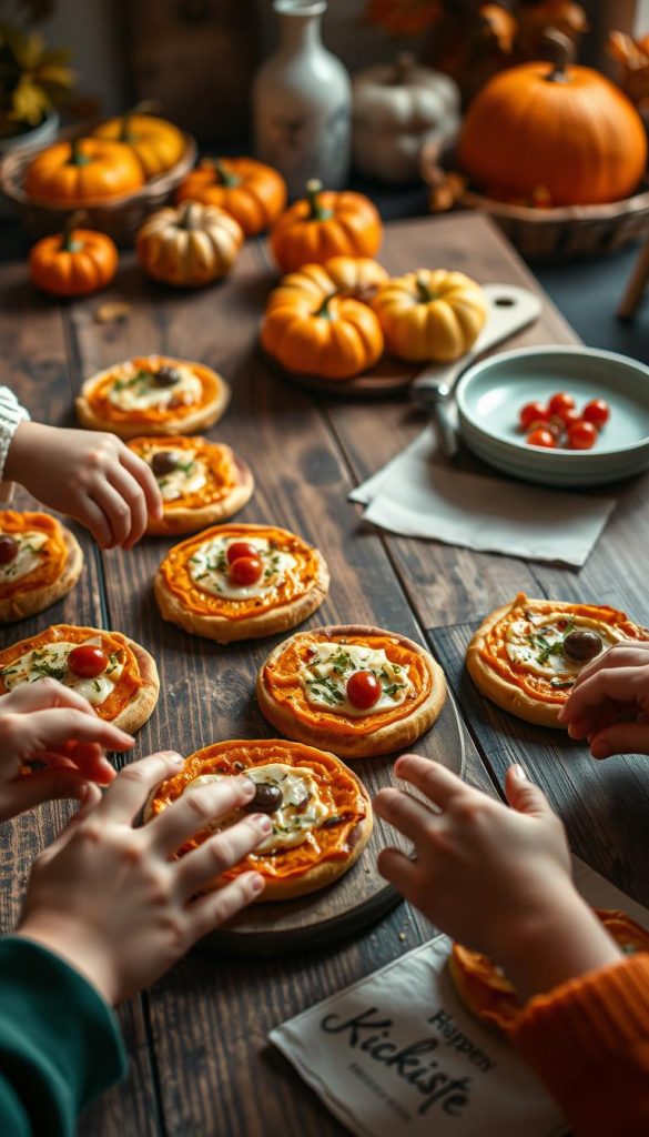 Mini pumpkin pizzas arranged on a rustic wooden table, freshly baked and golden brown with a crispy crust. Each pizza is topped with vibrant orange pumpkin puree, melted cheese, and a sprinkle of green herbs for garnish. In the foreground, there are small hands of children playfully adding toppings like cherry tomatoes and olives, exuding a sense of fun and creativity. Soft, warm lighting creates an inviting atmosphere, highlighting the textures and colors of the food. In the background, a cozy kitchen setting with autumn decorations, such as small pumpkins and leaves, enhances the fall vibe. The scene has a Pinterest-worthy aesthetic, blending authenticity with inspiration, featuring the branded element "KlickKiste" elegantly placed on a napkin.