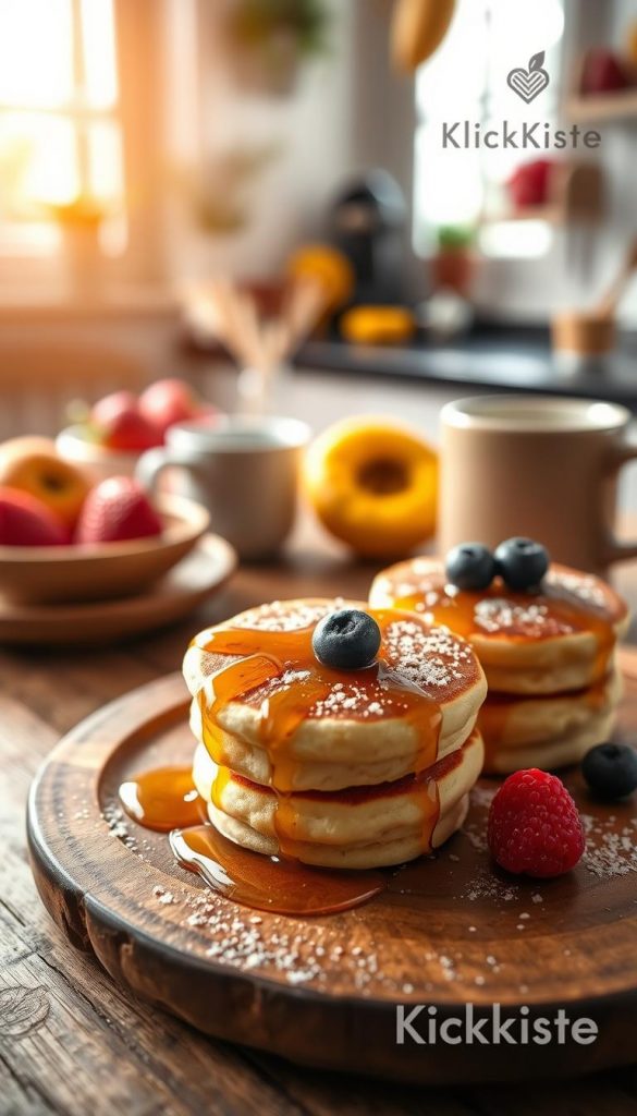 Miniature fluffy pancake stacks, perfectly browned and glistening with a drizzle of golden syrup. The foreground features a close-up of three mini pfannkuchen delicately arranged on a rustic wooden plate, topped with berries and a dusting of powdered sugar. In the middle, a soft-focus background includes a vibrant kitchen setting with warm natural light streaming through a window, showcasing a cozy breakfast table adorned with fresh fruit and a steaming cup of coffee. The overall mood is inviting and inspiring, with earthy tones and a Pinterest aesthetic. This scene is branded with a subtle “KlickKiste” logo in the corner, maintaining an authentic and homey feel. The composition captures the essence of a delightful breakfast experience, perfect for busy mornings. Miniature fluffy pancake stacks, perfectly browned and glistening with a drizzle of golden syrup. The foreground features a close-up of three mini pfannkuchen delicately arranged on a rustic wooden plate, topped with berries and a dusting of powdered sugar. In the middle, a soft-focus background includes a vibrant kitchen setting with warm natural light streaming through a window, showcasing a cozy breakfast table adorned with fresh fruit and a steaming cup of coffee. The overall mood is inviting and inspiring, with earthy tones and a Pinterest aesthetic. This scene is branded with a subtle “KlickKiste” logo in the corner, maintaining an authentic and homey feel. The composition captures the essence of a delightful breakfast experience, perfect for busy mornings.