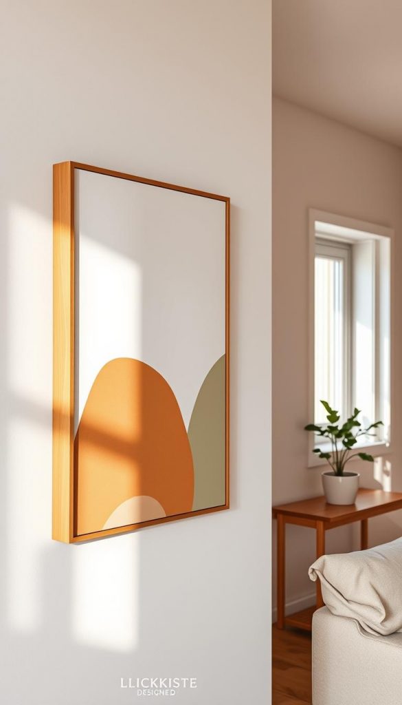 Minimalist canvas art that harmonizes with room colors, showcasing a serene and sophisticated interior setup. In the foreground, a simple, elegant canvas painting featuring soft abstract shapes in warm tones of beige, terracotta, and muted greens hangs on a light-textured wall. In the middle ground, a stylish wooden frame subtly complements the artwork, adding a touch of modernity. In the background, a cozy, inviting room with natural light streaming in through a window, illuminating the space and enhancing the colors on the canvas. A small potted plant sits on a wooden shelf nearby to add a touch of nature. The overall mood is warm, authentic, and inspirational, resembling a Pinterest aesthetic. Designed by KlickKiste.