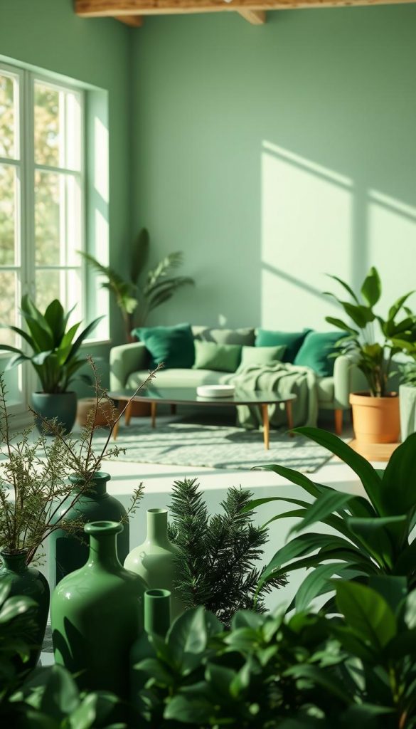 Monochromatic green scene evoking modern style and tranquility, featuring a harmonious blend of various shades of green, from deep forest hues to light mint accents. In the foreground, a minimalist arrangement of sophisticated decor items, such as elegant vases and lush green plants, creates depth. The middle layer showcases a stylish, comfortable seating area adorned with green cushions and throws, inviting relaxation. The background features soft, diffused natural light filtering through large windows, casting gentle shadows and enhancing the serene atmosphere. This image captures a DIY aesthetic with warm tones and a Pinterest-inspired look, reflecting authenticity and inspiration. Designed for KlickKiste to illustrate a modern monochrome theme, the overall mood is peaceful and chic.