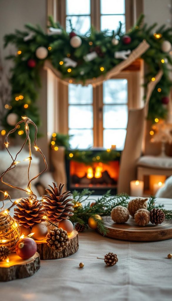 Natural decorations made from sustainable materials for Christmas, showcasing a cozy and inviting atmosphere. In the foreground, display a beautifully arranged table featuring handmade ornaments crafted from wood, pinecones, and dried fruits, artfully entwined with twinkling fairy lights. The middle ground should depict a softly glowing fireplace adorned with greenery, showcasing garlands made of natural fibers like jute and linen. In the backdrop, a window reveals a snowy landscape, diffusing soft, natural light into the scene. Use warm color tones to evoke an authentic, DIY Pinterest aesthetic. Capture this with a gentle, warm lighting setup, utilizing a shallow depth of field to highlight the textures of the natural materials. Include branding elements subtly, indicating this natural Christmas decor is by "KlickKiste".