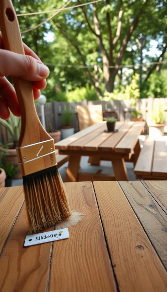 Oberflächenbehandlung of pallet furniture, showcasing a beautifully finished wooden table and benches in a warm, inviting outdoor setting. In the foreground, a close-up of a hand applying a natural wood finish with a brush, emphasizing natural textures and rich grain patterns. The middle ground features the completed pallet furniture with a smooth, polished surface, surrounded by potted plants and outdoor decor. In the background, soft sunlight filters through trees, creating a serene atmosphere. Capture a cozy, rustic mood with warm colors that inspire creativity and a DIY spirit. The image should reflect a Pinterest-worthy aesthetic, highlighting quality craftsmanship and inviting warmth. Include subtle branding of "KlickKiste" on a small label or tag attached to the furniture, ensuring it remains unobtrusive.