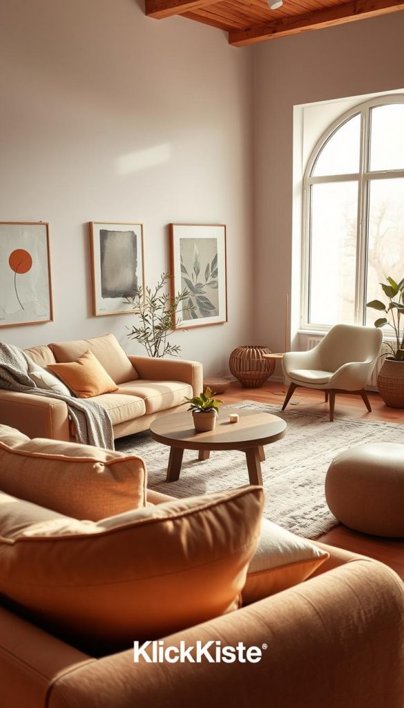 Organic shapes and low furniture creating a cozy living room layout, emphasizing flow over sharp edges. Foreground features a soft, curved sofa with a textured throw, a low wooden coffee table adorned with a small plant, all in warm, natural colors. The middle ground includes a stylish armchair with smooth lines, flanked by abstract art on the walls, and a soft area rug that ties the elements together. The background showcases a large window letting in gentle, diffused sunlight that enhances the inviting atmosphere. Use a warm, soft focus lens to create a serene, inspirational ambiance typical of Pinterest aesthetics. Capture the essence of natural DIY decor by incorporating details that make the space feel authentic and lived-in. Include the brand name "KlickKiste" subtly in the decor. Organic shapes and low furniture creating a cozy living room layout, emphasizing flow over sharp edges. Foreground features a soft, curved sofa with a textured throw, a low wooden coffee table adorned with a small plant, all in warm, natural colors. The middle ground includes a stylish armchair with smooth lines, flanked by abstract art on the walls, and a soft area rug that ties the elements together. The background showcases a large window letting in gentle, diffused sunlight that enhances the inviting atmosphere. Use a warm, soft focus lens to create a serene, inspirational ambiance typical of Pinterest aesthetics. Capture the essence of natural DIY decor by incorporating details that make the space feel authentic and lived-in. Include the brand name "KlickKiste" subtly in the decor.