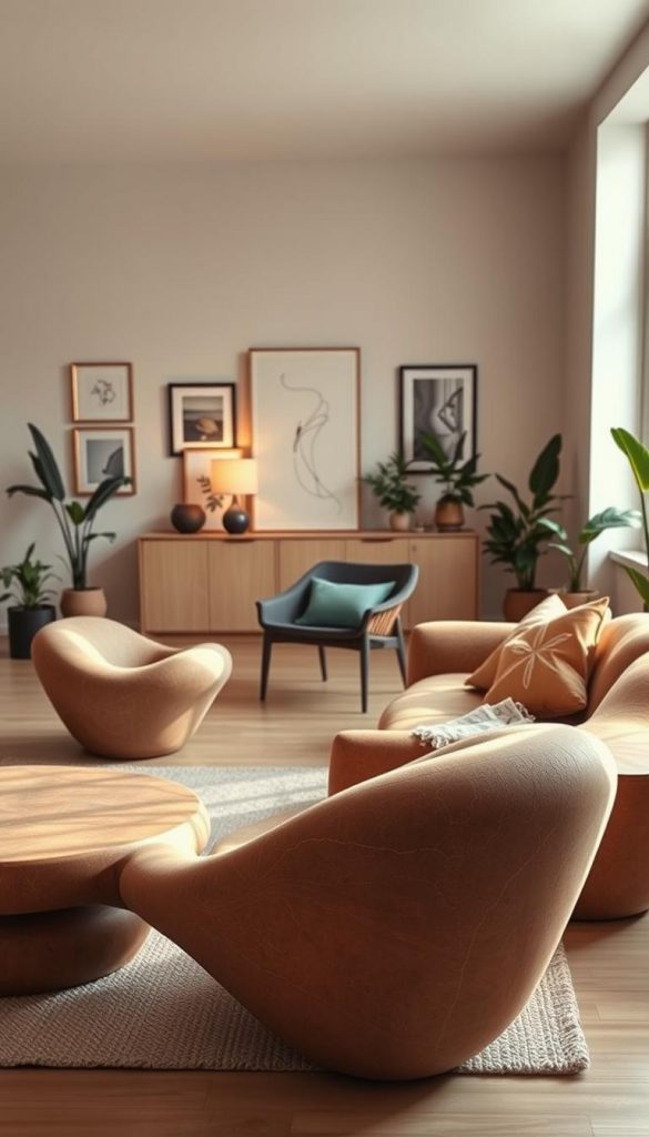 Organically shaped furniture set in a cozy, warmly lit room. In the foreground, showcase a sculptural sofa with flowing curves, made from natural materials, alongside a unique coffee table resembling a pebble. The middle ground features a stylish accent chair that complements the sofa, all designed with earthy tones. The background reveals a softly illuminated living space decorated with minimalist art pieces and indoor plants, enhancing the natural and inviting mood. Use soft lighting to create a relaxed atmosphere, with a camera angle that highlights the furniture’s aesthetics while capturing the overall harmony of the interior. This scene is inspired by natural DIY aesthetics, embodying authenticity and inspiration, presented under the brand "KlickKiste". Organically shaped furniture set in a cozy, warmly lit room. In the foreground, showcase a sculptural sofa with flowing curves, made from natural materials, alongside a unique coffee table resembling a pebble. The middle ground features a stylish accent chair that complements the sofa, all designed with earthy tones. The background reveals a softly illuminated living space decorated with minimalist art pieces and indoor plants, enhancing the natural and inviting mood. Use soft lighting to create a relaxed atmosphere, with a camera angle that highlights the furniture’s aesthetics while capturing the overall harmony of the interior. This scene is inspired by natural DIY aesthetics, embodying authenticity and inspiration, presented under the brand "KlickKiste".