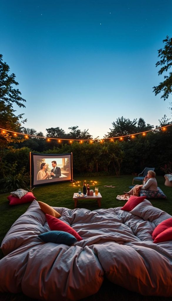 Outdoor cinema scene set in a cozy backyard during a summer evening. In the foreground, a large, beautifully designed screen displays a classic film, illuminated softly by the projection. A plush, inviting pillow fort sprawls across the grass, filled with colorful cushions and blankets, creating a perfect lounging area. In the middle, a small wooden table holds snacks like popcorn and drinks, all under warm string lights that add a magical glow. The background features lush greenery and trees silhouetted against a twilight sky, with twinkling stars beginning to appear. The overall atmosphere is warm and inviting, evoking a feeling of nostalgia and joy. Capture this moment in soft focus to emphasize the magical ambiance, reminiscent of DIY inspiration from "KlickKiste".