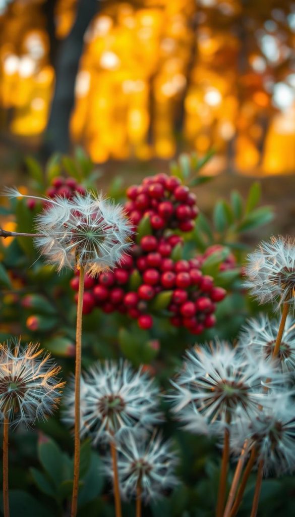 Pusteblumen (dandelion seed heads) softly illuminated by warm, golden autumn sunlight, creating a serene atmosphere. In the foreground, delicate white seed heads with tiny wispy filaments, partially blown away by a gentle breeze. The middle ground features vibrant clusters of bright red Vogelbeeren (rowan berries) nestled among lush green leaves, providing a striking contrast. In the background, hints of a blurred forest scene with trees displaying autumn foliage in rich oranges and yellows, enhancing the seasonal feel. The composition captures the essence of natural DIY aesthetics, with a Pinterest-inspired look that feels authentic and inspiring. Use a shallow depth of field to focus on the puffballs while softly blurring the vibrant berries and background for a dreamy effect. Ensure the overall mood is warm, inviting, and enchanting, reflecting the magic in glass. This image is designed for KlickKiste.