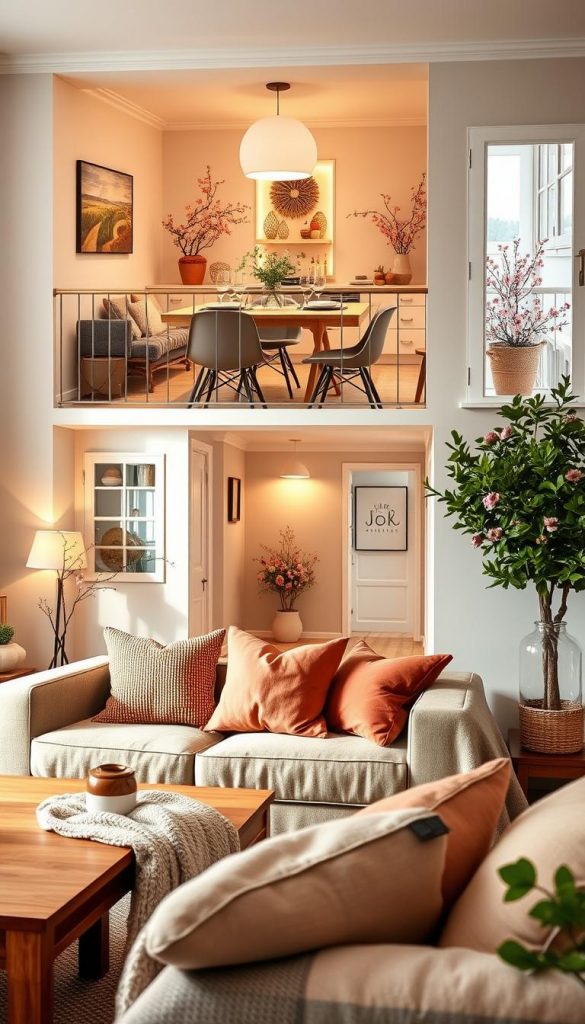 Raumbeispiele of cozy living spaces, featuring "cherry vibes" decor inspired by the brand KlickKiste. In the foreground, a stylish living room with a cherry wood coffee table, soft cushions in warm hues, and a plush throw blanket. The middle ground showcases a beautifully arranged kitchen with cherry blossom accents and elegant table settings, adorned with fresh fruits and flowers. The background reveals a bright, welcoming balcony filled with potted cherry trees and comfortable seating, while a softly lit hallway connects these areas, illuminated by warm ambient lighting creating a serene atmosphere. The scene captures an inviting, natural DIY aesthetic with Pinterest-worthy charm. Use a warm color palette to enhance authenticity and inspiration, with a focus on inviting texture and comfortable layout, viewed from a slightly elevated angle to emphasize depth.