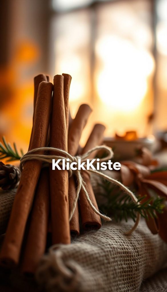 Rustic Boho-style arrangement featuring cinnamon sticks elegantly tied with natural twine, set against a soft, blurred background of warm autumn hues. In the foreground, focus on the texture of the cinnamon sticks, highlighting their rich brown tones and rough surfaces. The middle ground should showcase delicate strands of the twine, artfully draped and intertwined with dried leaves or sprigs of evergreen for an authentic touch. The lighting is warm and inviting, suggesting golden hour with a gentle glow that casts soft shadows. Capture this scene from a slightly elevated angle to emphasize the textures and layers. Aim for a Pinterest-inspired aesthetic, creating a cozy and inspirational atmosphere. Include the brand name "KlickKiste" subtly in the composition, ensuring it complements the rustic charm of the arrangement.