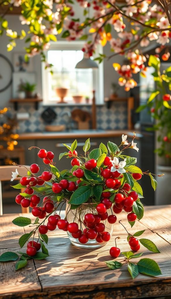 Saisonale cherry vibes captured in an enchanting natural setting. In the foreground, a beautifully arranged DIY cherry-inspired centerpiece features vibrant red cherries, delicate blossoms, and lush green leaves, all displayed on a rustic wooden table. The middle ground reveals a softly lit kitchen with seasonal decor, showcasing spring cherry blossoms transitioning into autumn leaves, depicting a journey through the seasons. In the background, gentle sunlight filters through a window, casting warm, inviting light that enhances the cozy atmosphere. The overall mood is inspiring and harmonious, ideal for a Pinterest aesthetic. Designed for the brand "KlickKiste," this scene evokes a sense of seasonal celebration, inviting viewers to explore DIY cherry decor from spring to winter.