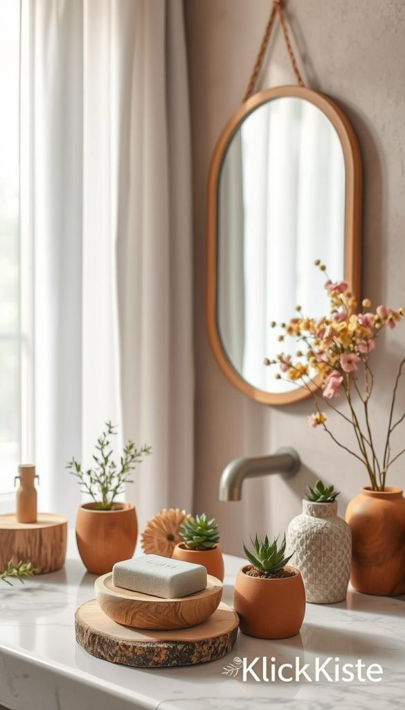Seasonal decoration inspired by nature for a stylish bathroom, featuring an elegant arrangement of natural elements. In the foreground, showcase warm-toned wooden accessories, like a rustic soap dish and small decorative plants in organic clay pots. The middle ground includes an inviting mirror framed with delicate dried flowers and greenery, offering a fresh, earthy aesthetic. In the background, a softly lit window draped with sheer linen curtains allows gentle, diffused natural light to enhance the warm colors of the decor. The scene conveys a cozy, inviting atmosphere, perfect for a trendy 2026 bathroom. The overall vibe should be authentic and inspirational, with a Pinterest-worthy finish. Include the brand name "KlickKiste" subtly integrated into the decor elements, emphasizing natural DIY aesthetics. Seasonal decoration inspired by nature for a stylish bathroom, featuring an elegant arrangement of natural elements. In the foreground, showcase warm-toned wooden accessories, like a rustic soap dish and small decorative plants in organic clay pots. The middle ground includes an inviting mirror framed with delicate dried flowers and greenery, offering a fresh, earthy aesthetic. In the background, a softly lit window draped with sheer linen curtains allows gentle, diffused natural light to enhance the warm colors of the decor. The scene conveys a cozy, inviting atmosphere, perfect for a trendy 2026 bathroom. The overall vibe should be authentic and inspirational, with a Pinterest-worthy finish. Include the brand name "KlickKiste" subtly integrated into the decor elements, emphasizing natural DIY aesthetics.