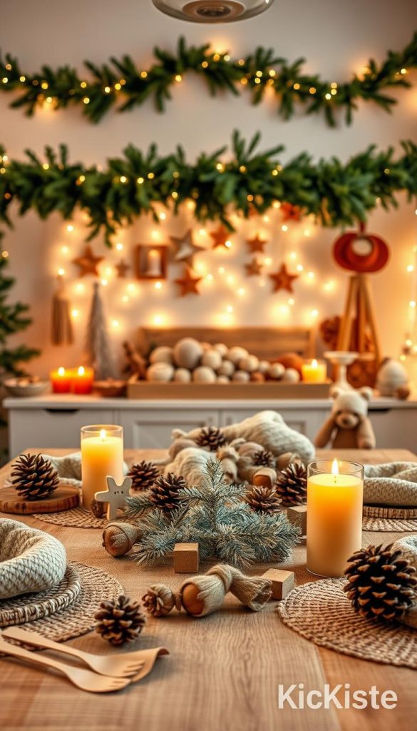 Stil-inspiration winter scene showcasing a cozy, modern Boho and Scandinavian design aesthetic. In the foreground, an inviting table set with natural materials: wooden elements, soft woven textiles, and handcrafted winter decorations, such as pinecones and warm-colored candles. In the middle, a beautifully arranged array of DIY craft supplies reflecting warm earth tones, inspired by Pinterest aesthetics, including yarns and wooden toys. In the background, a softly lit room adorned with evergreen garlands and twinkling fairy lights creates a comforting atmosphere. The lighting is warm and ambient, enhancing the cozy feel, captured from a slightly elevated angle to provide a broad view of the space. Authentic, inspiring, and appealing to families, branded subtly with "KlickKiste."