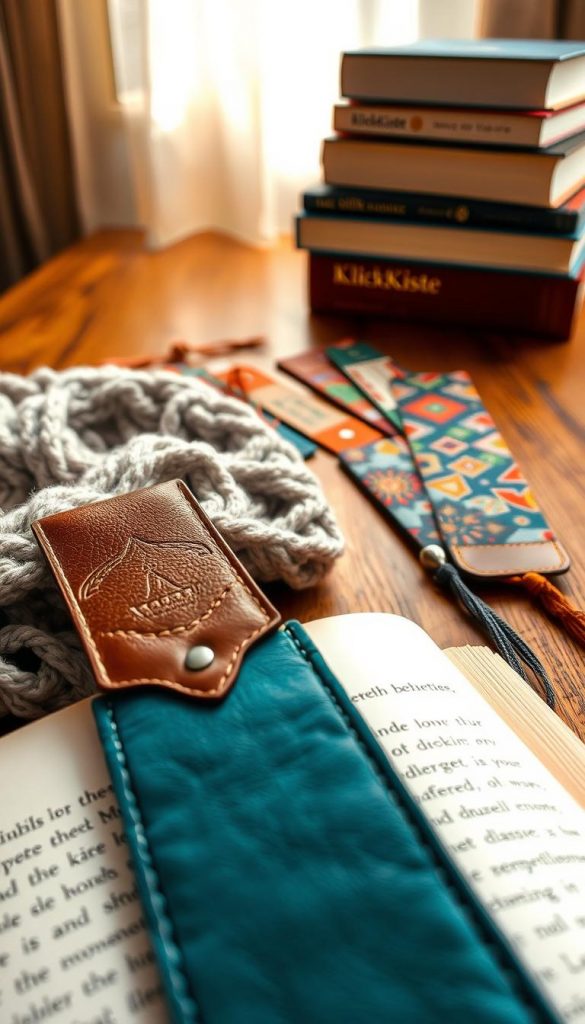 Stoff- und Leder-Lesezeichen displayed elegantly on a wooden table, showcasing a variety of designs—minimalistic, modern, and Boho. The foreground features a close-up of a beautifully crafted leather bookmark with intricate stitching and a fabric bookmark with vibrant patterns, both resting softly against a cozy knit blanket. In the middle ground, various bookmarks are scattered artistically, highlighting the textures and colors. The background features a softly blurred stack of books, creating a warm and inviting atmosphere. The lighting is natural and warm, accentuating the rich tones of the materials. Emphasize the authenticity and inspiration of DIY projects, showcasing the brand "KlickKiste" subtly within the setting. Aim for a Pinterest-like aesthetic that feels both rustic and modern.
