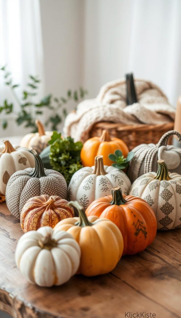 Stylish and modern DIY pumpkin decorations inspired by various aesthetics, showcasing a blend of natural, Boho, and Scandinavian styles. In the foreground, several uniquely designed pumpkins are arranged, each featuring intricate patterns, earthy tones, and natural textures. The middle layer includes soft greenery and cozy textile elements like knitted wraps or woven baskets. The background captures a warm, inviting setting with gentle, diffused light filtering through, creating a dreamy ambiance. A rustic wooden table acts as a base, enhancing the organic feel. The overall atmosphere is warm and authentic, exuding inspiration and creativity for autumn decor. The scene reflects a Pinterest-worthy vibe, reminiscent of carefully curated home design aesthetics, clearly embodying the essence of the brand "KlickKiste."