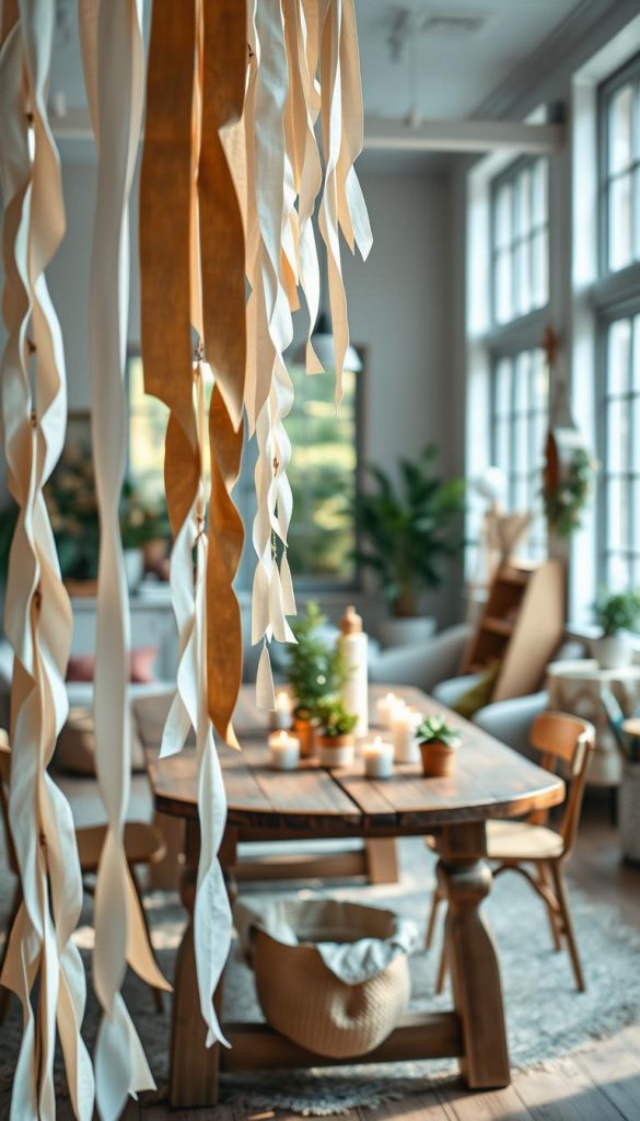 Stylish inspiration for paper garlands in a modern, natural, Boho, and Scandinavian aesthetic. The foreground features gracefully hung paper garlands, showcasing a variety of textures and colors like soft pastels, earthy tones, and crisp whites. In the middle ground, there is a rustic wooden table adorned with small potted plants and delicate candles, casting a warm, inviting glow. The background reveals a beautifully decorated room, filled with natural light streaming through large windows, enhancing the cozy atmosphere. Use a soft-focus lens and warm lighting to create a dreamy Pinterest-inspired look. No people are present, ensuring an authentic and inspiring visual. The final composition should reflect the brand "KlickKiste," embodying a harmonious blend of creativity and style.