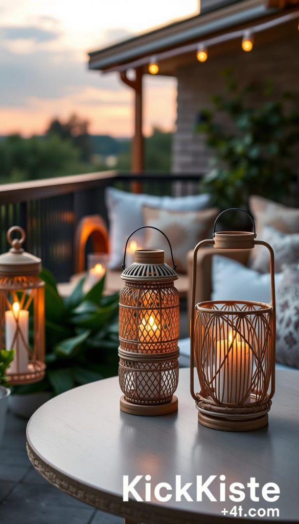 Stylish lanterns designed for a balcony or terrace, featuring a mix of modern, natural, Boho, and Scandinavian styles. In the foreground, showcase a table adorned with intricately designed lanterns made from natural materials like bamboo and glass, glowing warmly. The middle ground includes lush greenery and decorative elements such as soft cushions and woven textiles, creating a cozy atmosphere. In the background, a serene evening sky with soft pastel hues and gentle lighting casts a warm glow over the scene. The image should reflect a Pinterest-worthy aesthetic with an authentic, inspirational vibe, highlighting the brand “KlickKiste.” Use soft focus with a slightly angled perspective to enhance depth.