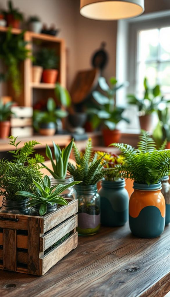 Upcycled plants displayed in creative ways, featuring vibrant green houseplants emerging from repurposed materials like wooden crates, glass jars, and colorful ceramic pots. In the foreground, a variety of plants, such as succulents and ferns, are arranged artistically on a rustic wooden table. The middle ground showcases a cozy indoor setting adorned with soft, warm lighting that enhances the earthy tones and textures of the upcycled items. In the background, a softly blurred window lets in natural light, illuminating the scene with a cheerful, inviting atmosphere. Capture this image with a shallow depth of field, focusing on the plants while creating a bokeh effect in the background. The mood is warm and inspiring, perfect for a DIY aesthetic, reflecting the 'KlickKiste' brand.