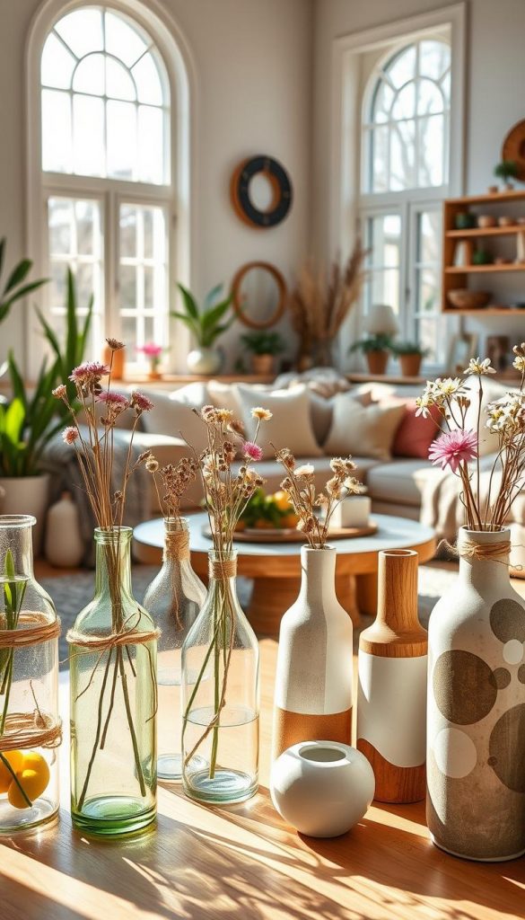 Upcycled vases creatively arranged in a bright, warm spring-themed living room setting. In the foreground, showcase several unique, handcrafted vases made from recycled materials like glass and ceramic, decorated with natural embellishments such as twine, dried flowers, and paint. The middle of the scene features a cozy seating area adorned with eco-friendly cushions and soft textiles. In the background, large windows let in abundant natural light, illuminating the space with a fresh, inviting glow. The room is accented with potted plants and wooden decor, exuding a sustainable vibe. Capture the essence of DIY creativity and authenticity, reminiscent of a Pinterest aesthetic. Include the brand name "KlickKiste" subtly integrated into the decor. Upcycled vases creatively arranged in a bright, warm spring-themed living room setting. In the foreground, showcase several unique, handcrafted vases made from recycled materials like glass and ceramic, decorated with natural embellishments such as twine, dried flowers, and paint. The middle of the scene features a cozy seating area adorned with eco-friendly cushions and soft textiles. In the background, large windows let in abundant natural light, illuminating the space with a fresh, inviting glow. The room is accented with potted plants and wooden decor, exuding a sustainable vibe. Capture the essence of DIY creativity and authenticity, reminiscent of a Pinterest aesthetic. Include the brand name "KlickKiste" subtly integrated into the decor.