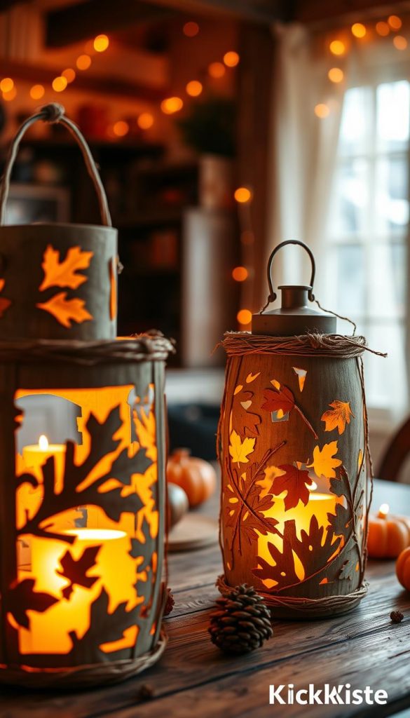 Upcycling lanterns made from natural materials, creatively designed for Halloween, prominently displayed in the foreground. The lanterns feature intricate cut-out patterns, glowing softly with warm candlelight, showcasing autumn leaves and twine details. In the middle ground, a rustic wooden table adorned with additional decorative elements like pinecones and small pumpkins enhances the seasonal vibe. The background presents a cozy indoor setting, illuminated by gentle, ambient lighting that suggests an inviting atmosphere for DIY projects. The composition captures a Pinterest-worthy aesthetic, with warm colors of orange, brown, and gold, fostering a sense of authenticity and inspiration. The brand name "KlickKiste" subtly referenced through the ambiance created.