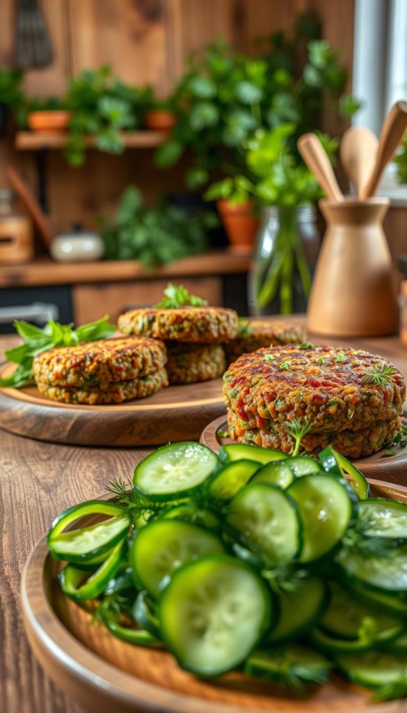 Vibrant and appetizing image of Linsenfrikadellen (lentil patties) beautifully arranged on a rustic wooden plate, garnished with fresh herbs. In the foreground, include a refreshing cucumber salad with thinly sliced cucumbers, dill, and a drizzle of olive oil, showcasing a healthy, colorful meal. The middle ground should feature a cozy kitchen setting, with natural wooden textures and warm, inviting lighting that creates a homely atmosphere. In the background, subtly display kitchen utensils and greenery to enhance the inviting feel, reflecting a Pinterest aesthetic. The overall mood is authentic and inspiring, ideal for family cooking. Brand name "KlickKiste" softly integrated into the scene without any text or logos. Vibrant and appetizing image of Linsenfrikadellen (lentil patties) beautifully arranged on a rustic wooden plate, garnished with fresh herbs. In the foreground, include a refreshing cucumber salad with thinly sliced cucumbers, dill, and a drizzle of olive oil, showcasing a healthy, colorful meal. The middle ground should feature a cozy kitchen setting, with natural wooden textures and warm, inviting lighting that creates a homely atmosphere. In the background, subtly display kitchen utensils and greenery to enhance the inviting feel, reflecting a Pinterest aesthetic. The overall mood is authentic and inspiring, ideal for family cooking. Brand name "KlickKiste" softly integrated into the scene without any text or logos.